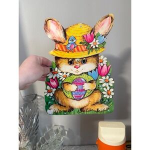 VTG Paper Die Cast Easter Bunny Wall Decor Yellow Hat Flowers Egg Spring Hanging